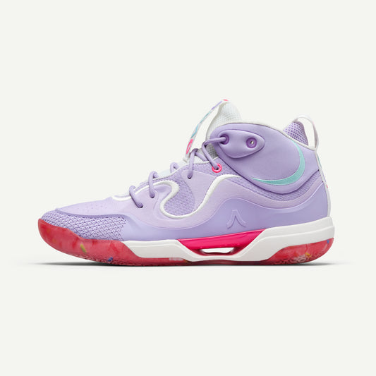 Purple and pink volleyball mid-top sneaker on a white background