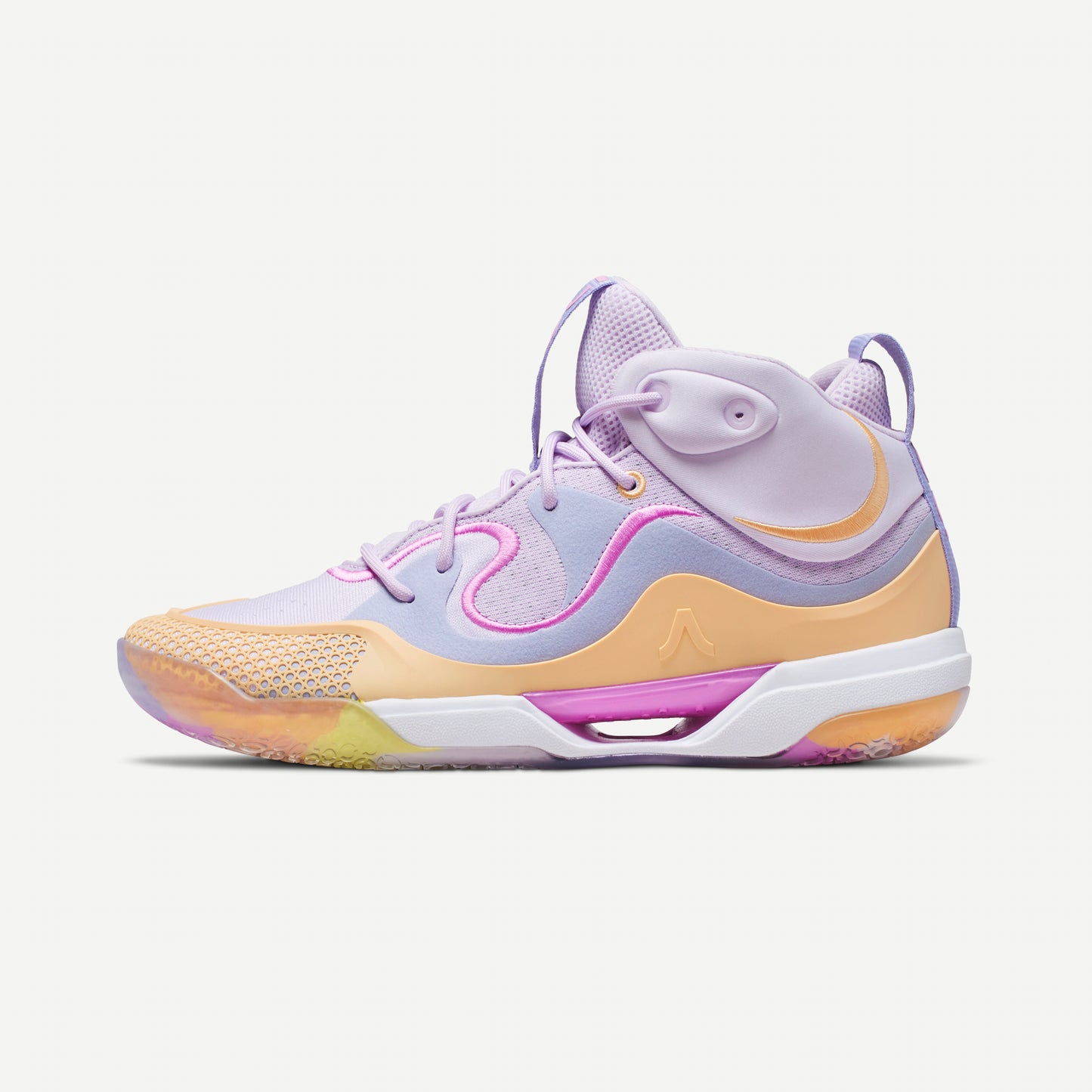 Multicolored volleyball mid-top sneaker in lavender with a pastel color scheme on a white background