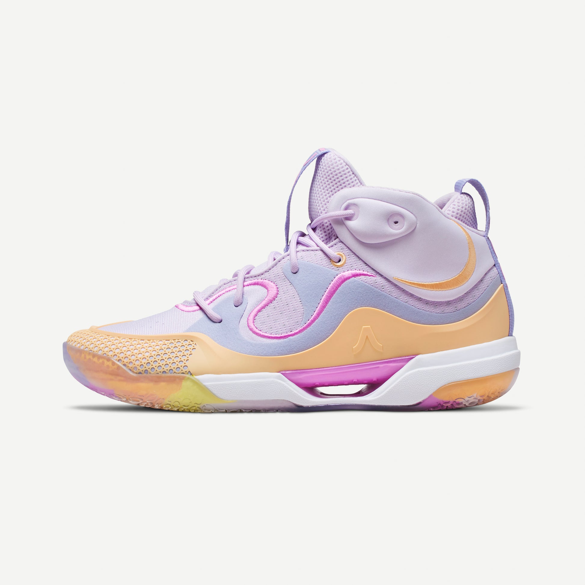 Multicolored volleyball mid-top sneaker in lavender with a pastel color scheme on a white background