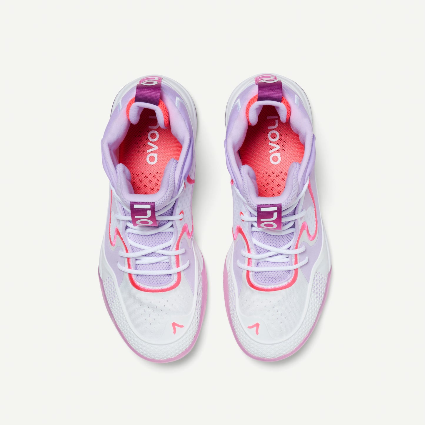 White, lavender, pink and purple mid-top volleyball sneakers with red accents on a white background