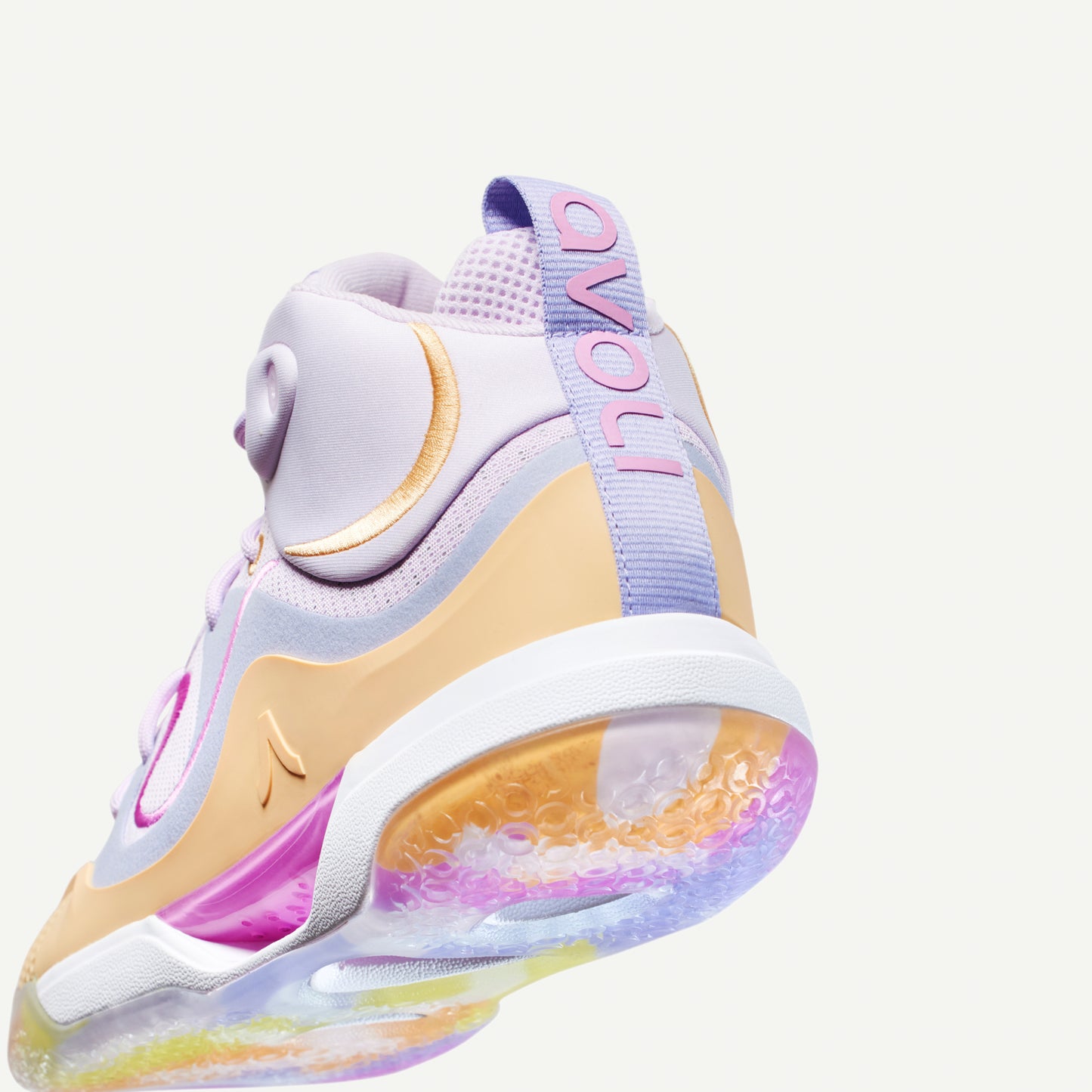 Multicolored volleyball mid-top sneaker in lavender with a pastel color scheme on a white background