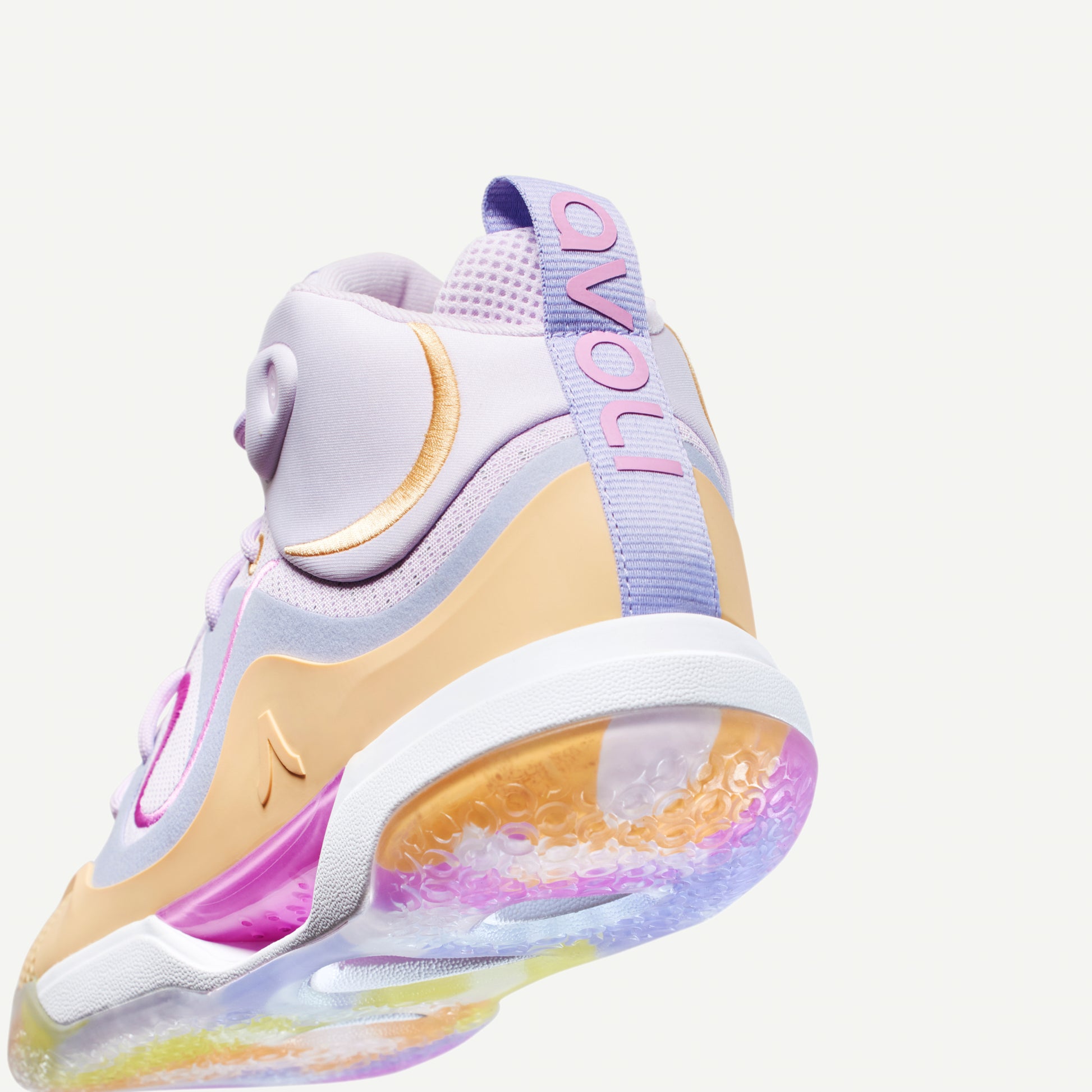 Multicolored volleyball mid-top sneaker in lavender with a pastel color scheme on a white background