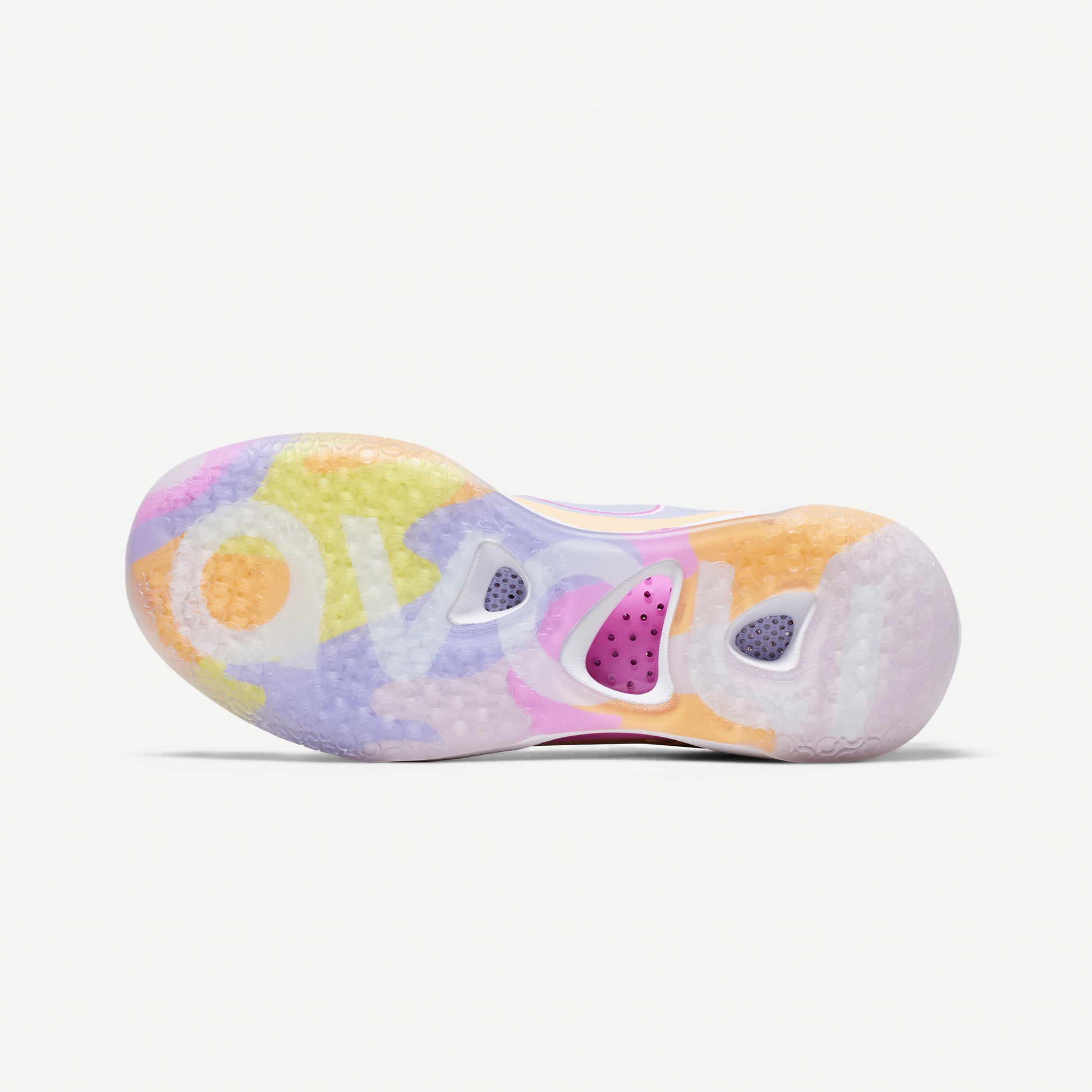 Multicolored volleyball mid-top sneaker sole with a pastel color scheme on a white background