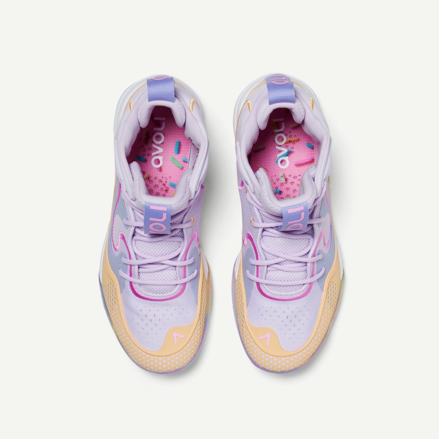 Multicolored volleyball mid-top sneakers in lavender with a pastel color scheme on a white background