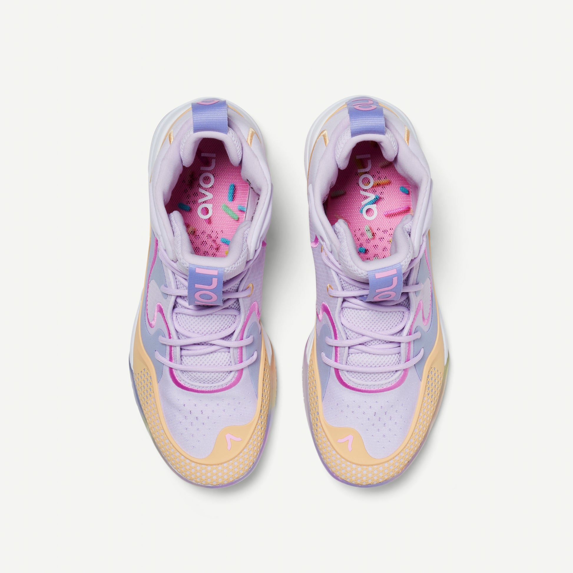Multicolored volleyball mid-top sneakers in lavender with a pastel color scheme on a white background
