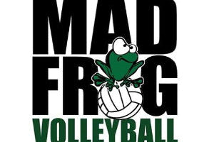 Mad Frog Volleyball graphic featuring a green frog mascot wearing a bow tie over a white volleyball, with the words 'MAD FROG VOLLEYBALL' in bold black and green lettering on a white background.