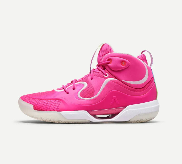A pink mid-top volleyball shoe with white accents and a unique design, likely made for fast movements and high-impact plays.