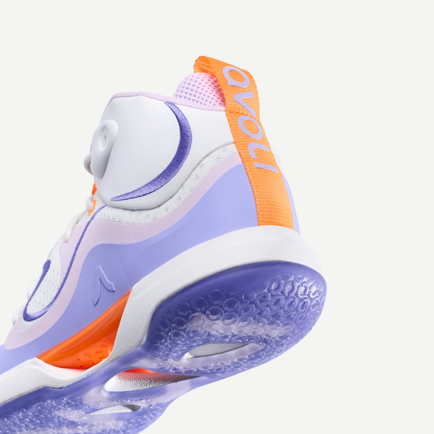 Mid Top Volleyball shoe with purple and orange accents on a white background