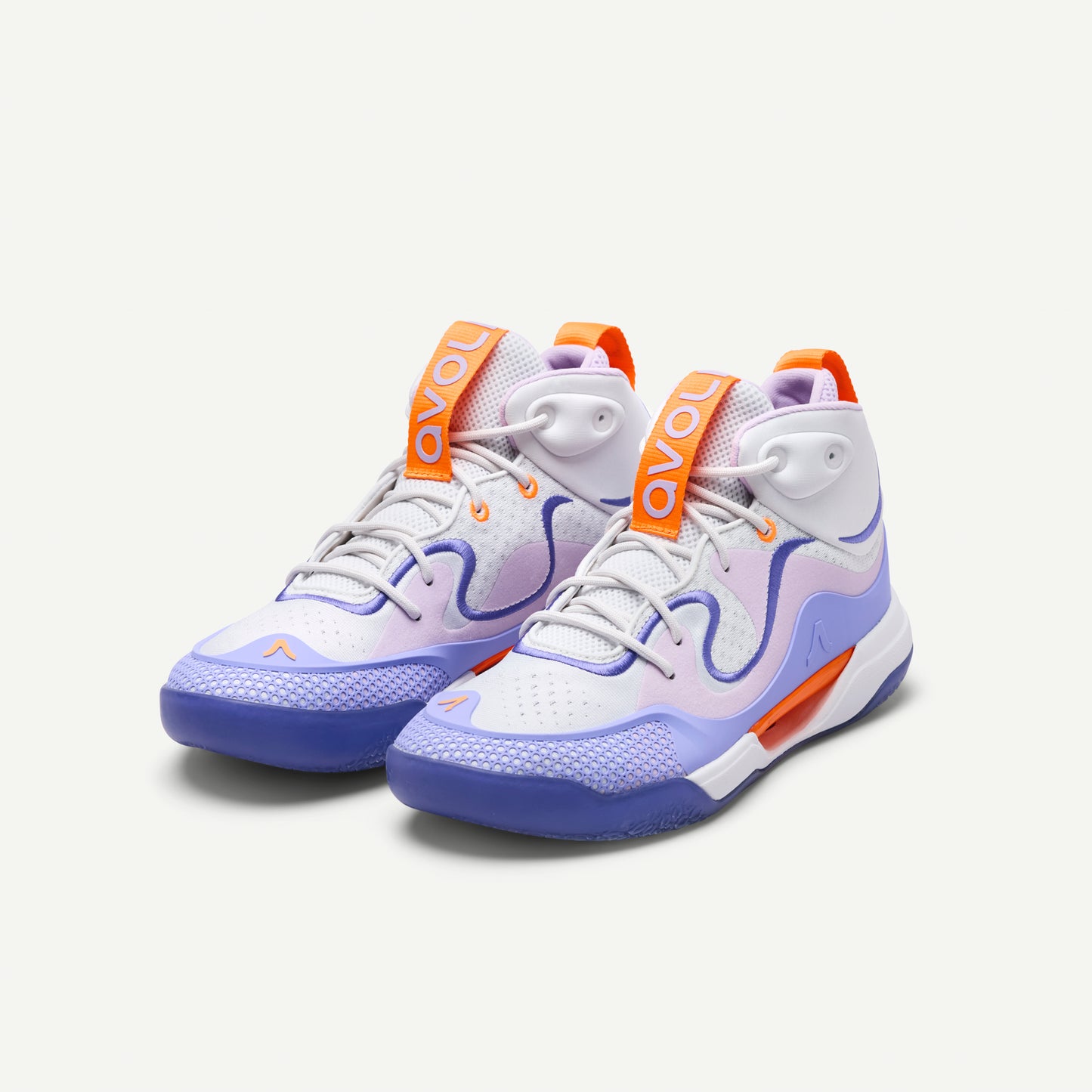 Mid Top Volleyball shoe with purple and orange accents on a white background
