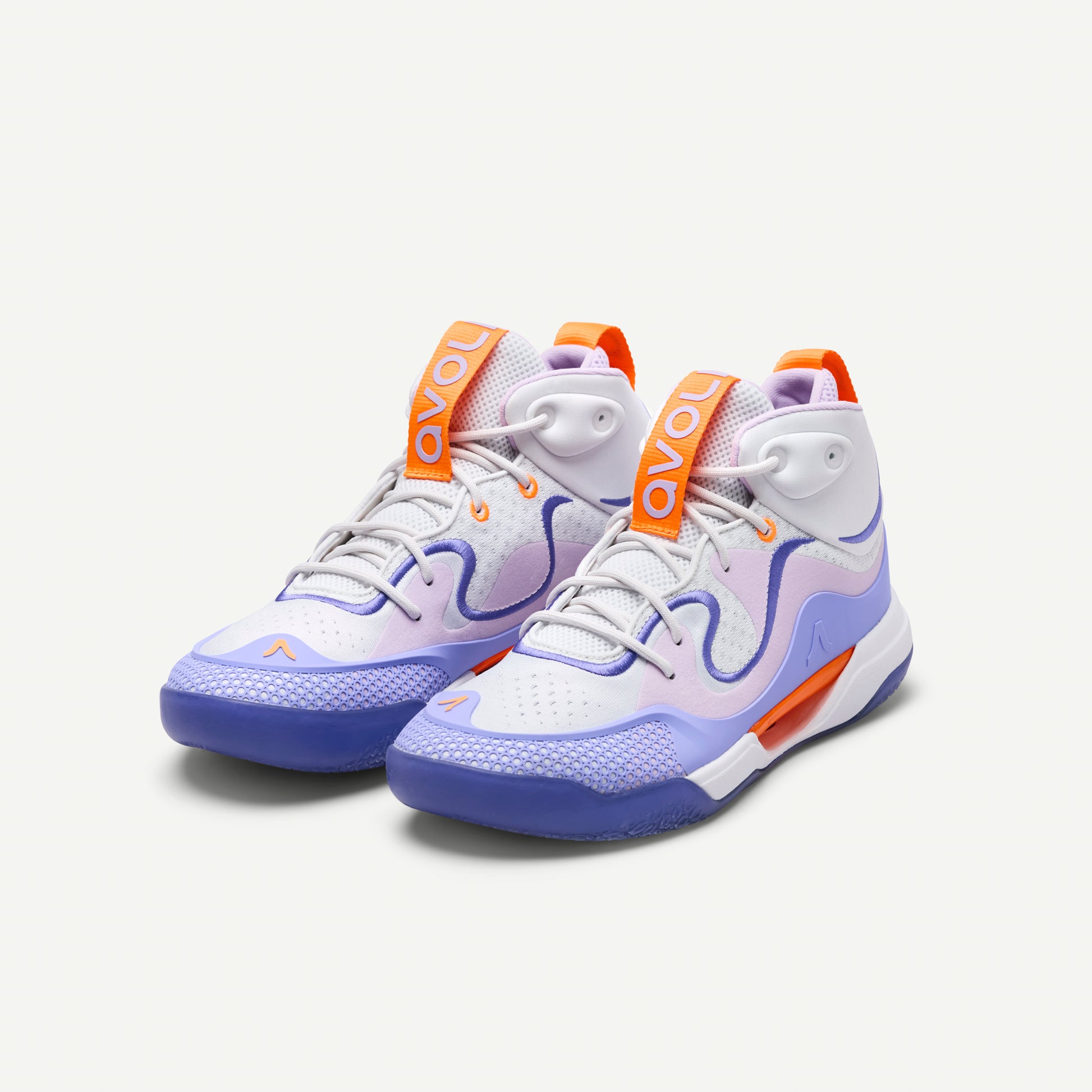 Mid Top Volleyball shoe with purple and orange accents on a white background