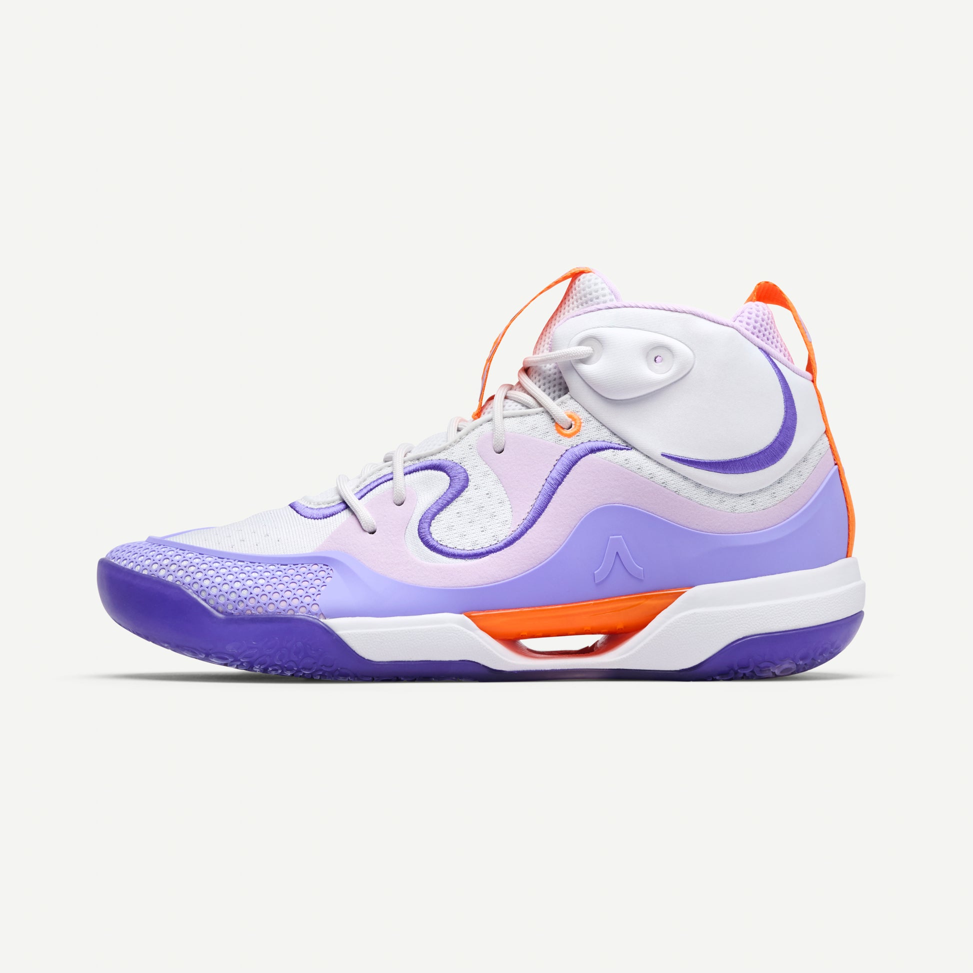 Mid Top Volleyball shoe with purple and orange accents on a white background