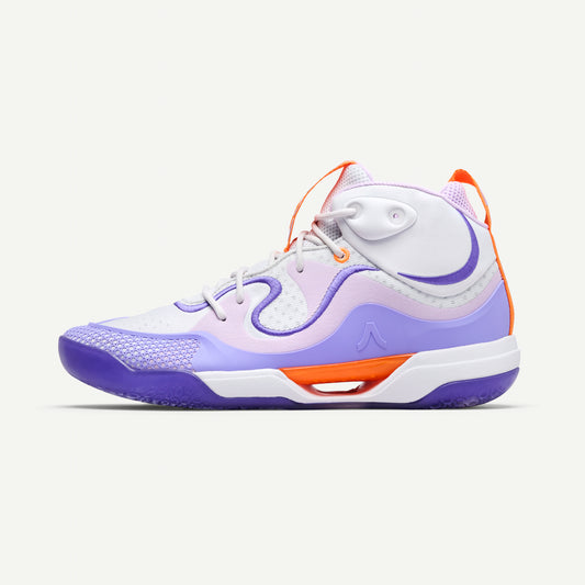 Mid Top Volleyball shoe with purple and orange accents on a white background