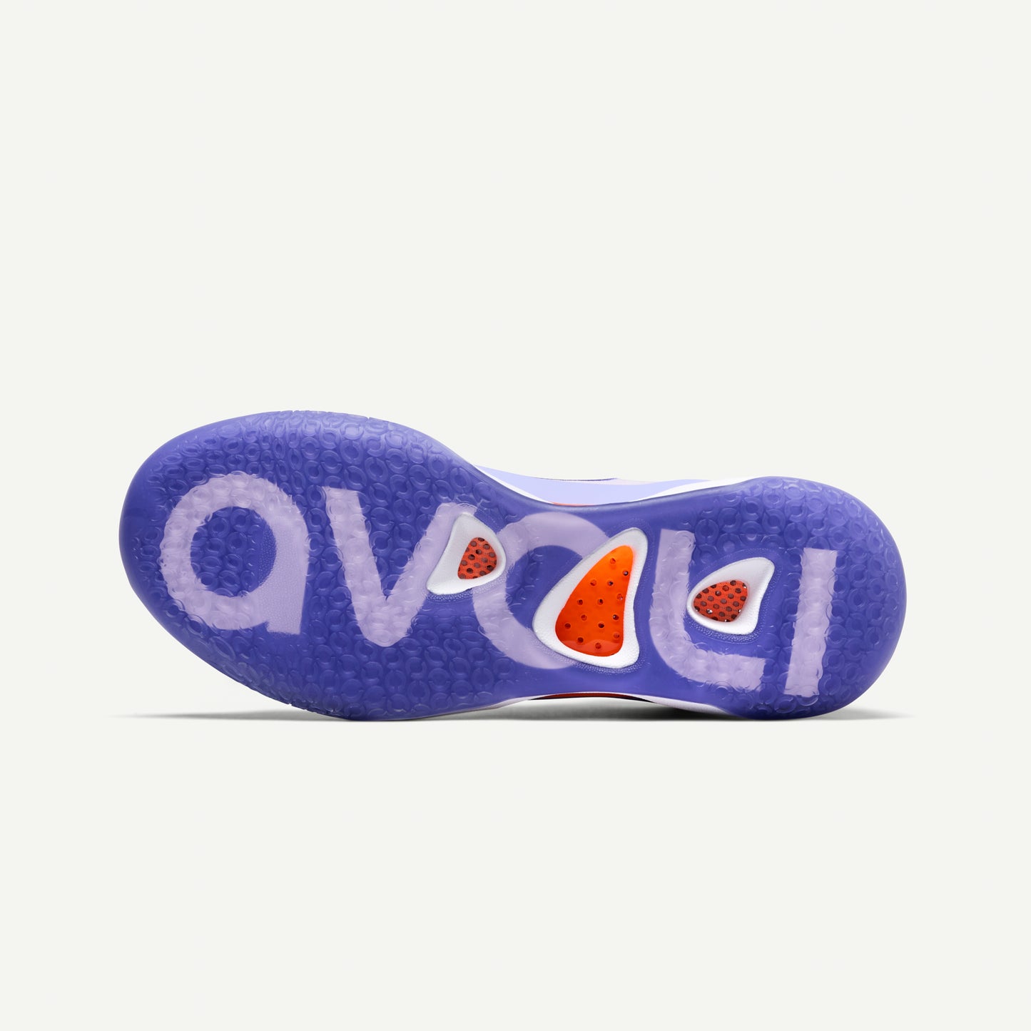 Mid Top Volleyball shoe sole with purple and orange accents on a white background