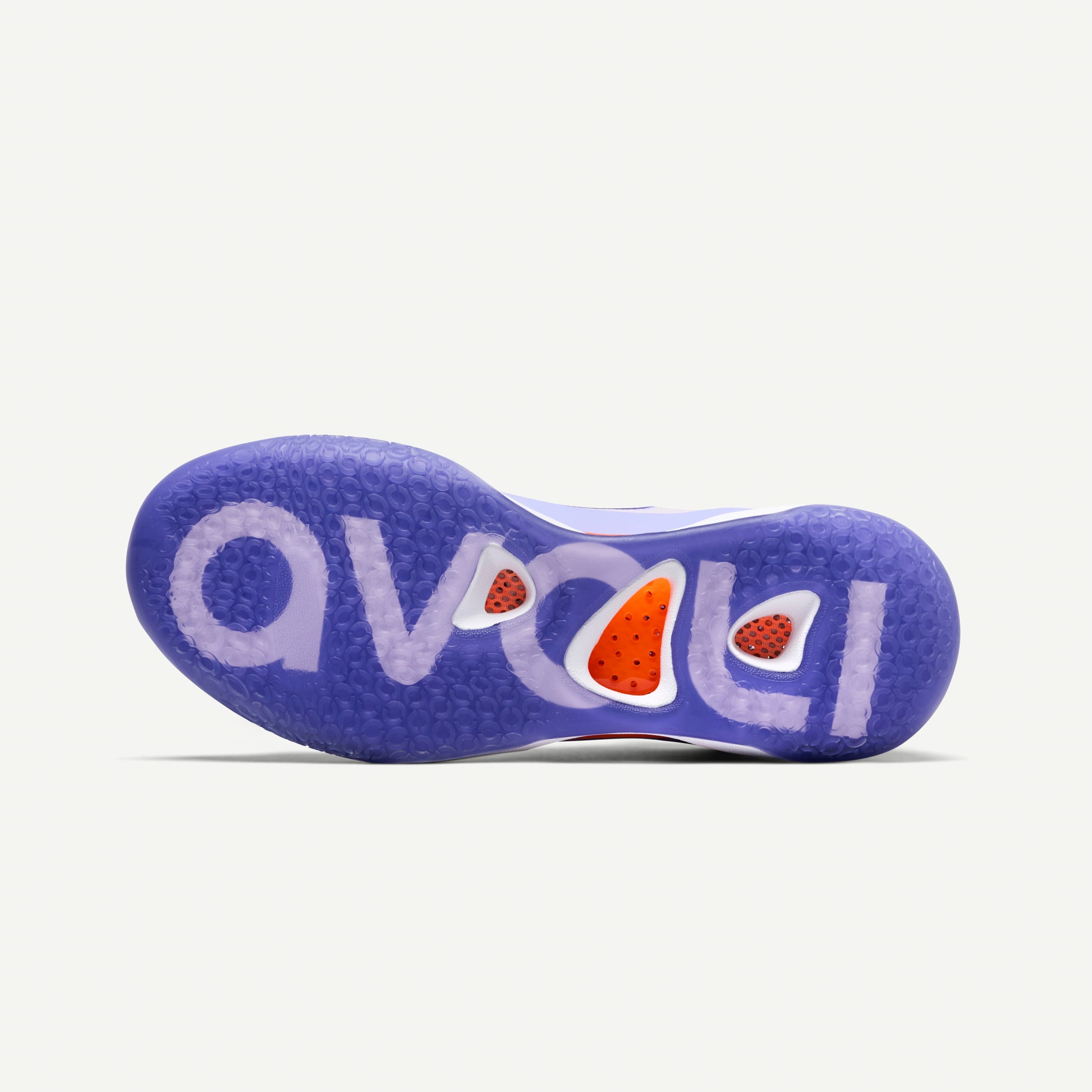 Mid Top Volleyball shoe sole with purple and orange accents on a white background