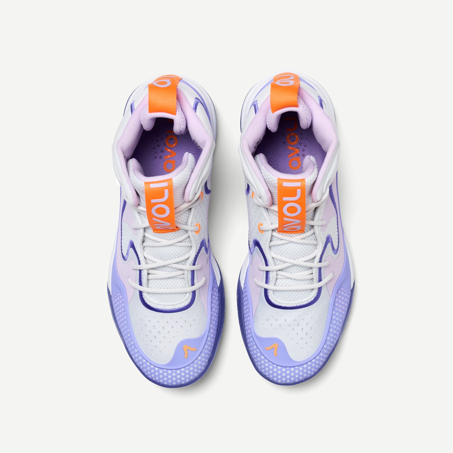 Mid Top Volleyball shoe with purple and orange accents on a white background