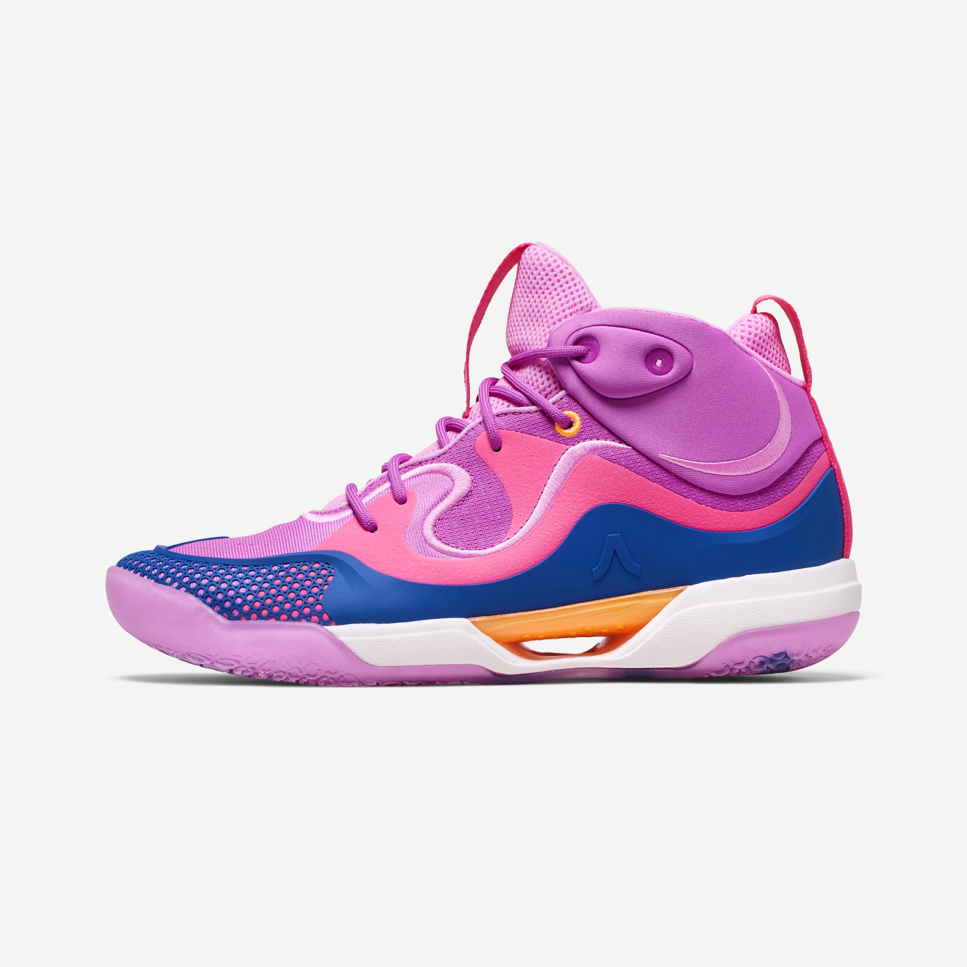 Colorful mid-top volleyball shoe with purple and pink design, with blue and orange accents on a white background
