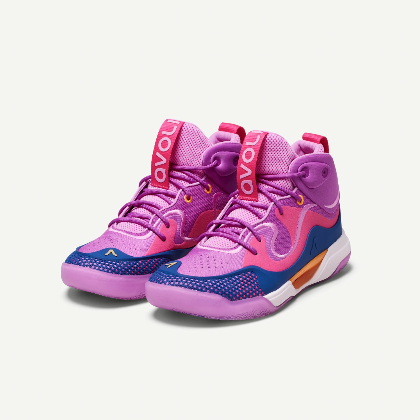 Colorful mid-top volleyball shoes with purple and pink design, with blue and orange accents on a white background
