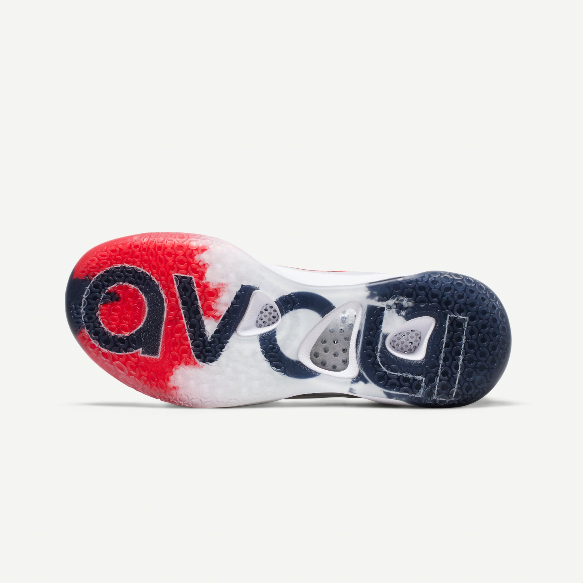 White mid-top volleyball sneaker sole with red accents on a white background